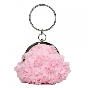 Evening Bag - 12 PCS - Chiffon Rosettes w/ Rhinestone Ring Wristlet - Pink - BG-100187PN 